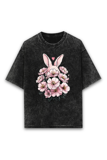 Rabbit Under Flower Unisex Acid Wash Oversized Tee